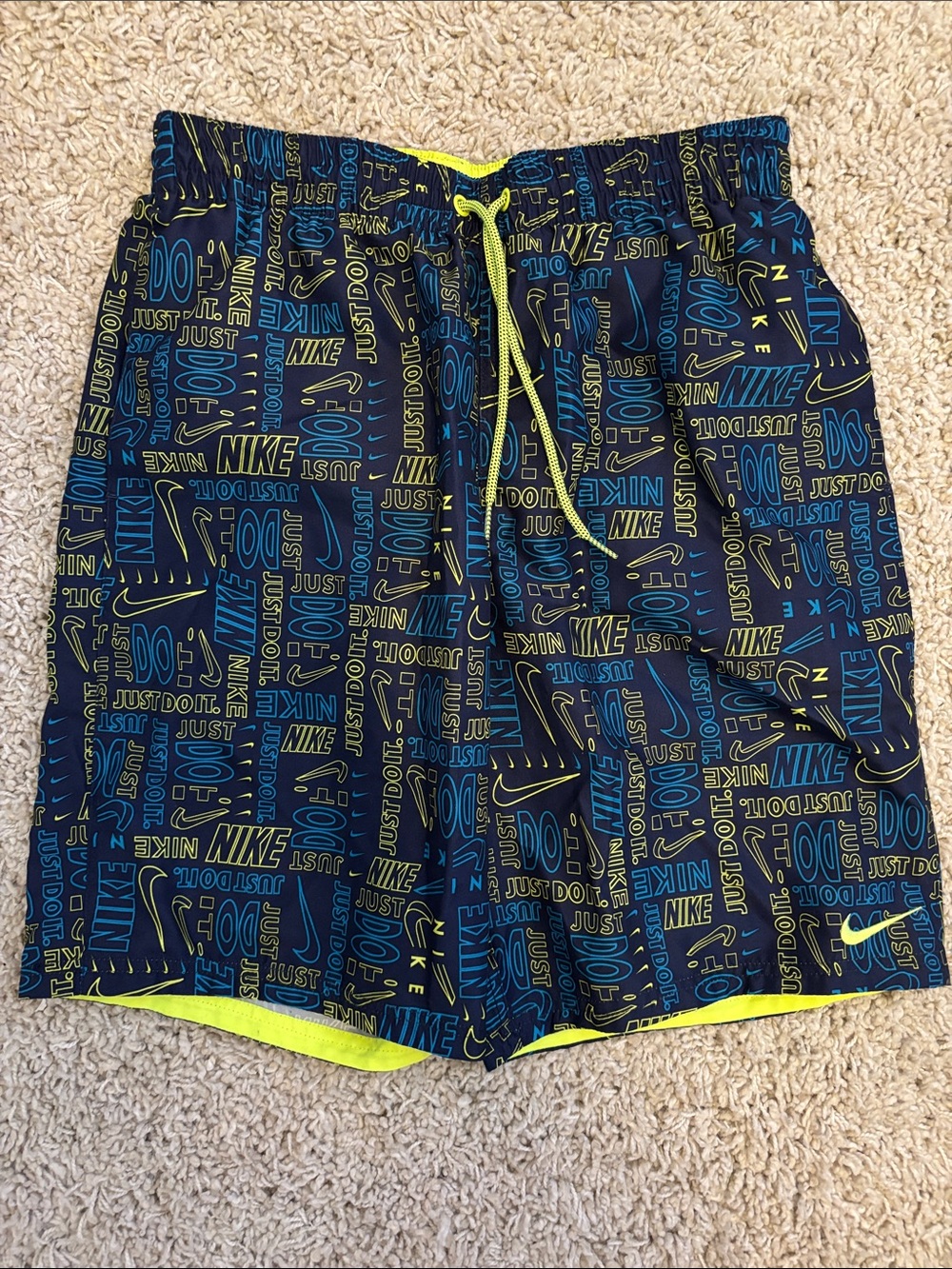 Nike Men’s Black Athletic Shorts with Blue & Neon Yellow Logos
